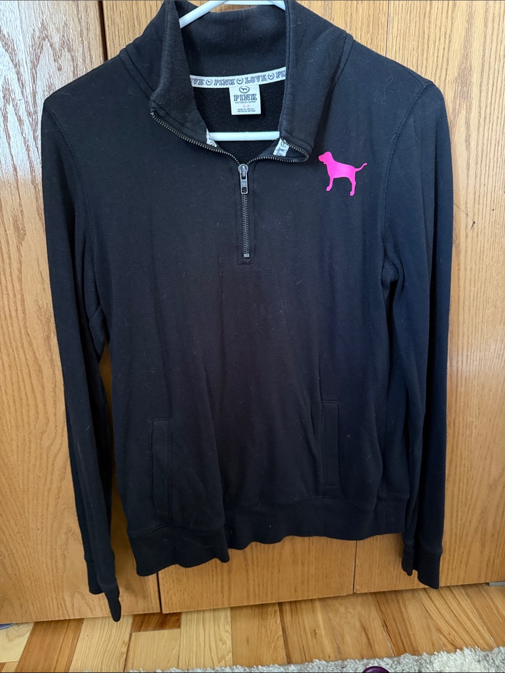 PINK Victoria's Secret Black Half-Zip Sweatshirt with Pink Dog Logo